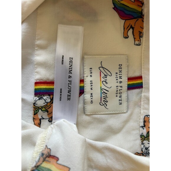 Denim & Flower Ricky Singh Shirt Mens Sz M Beige Bulldog Pride Rainbow Button-Up - Picture 5 of 6